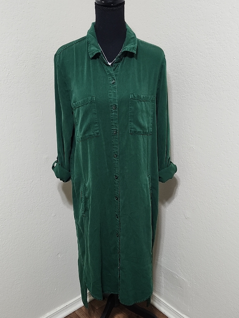 Wash Lab Denim Chill Out Shirtdress Green Sz M EUC Boho Chic Midi Dress